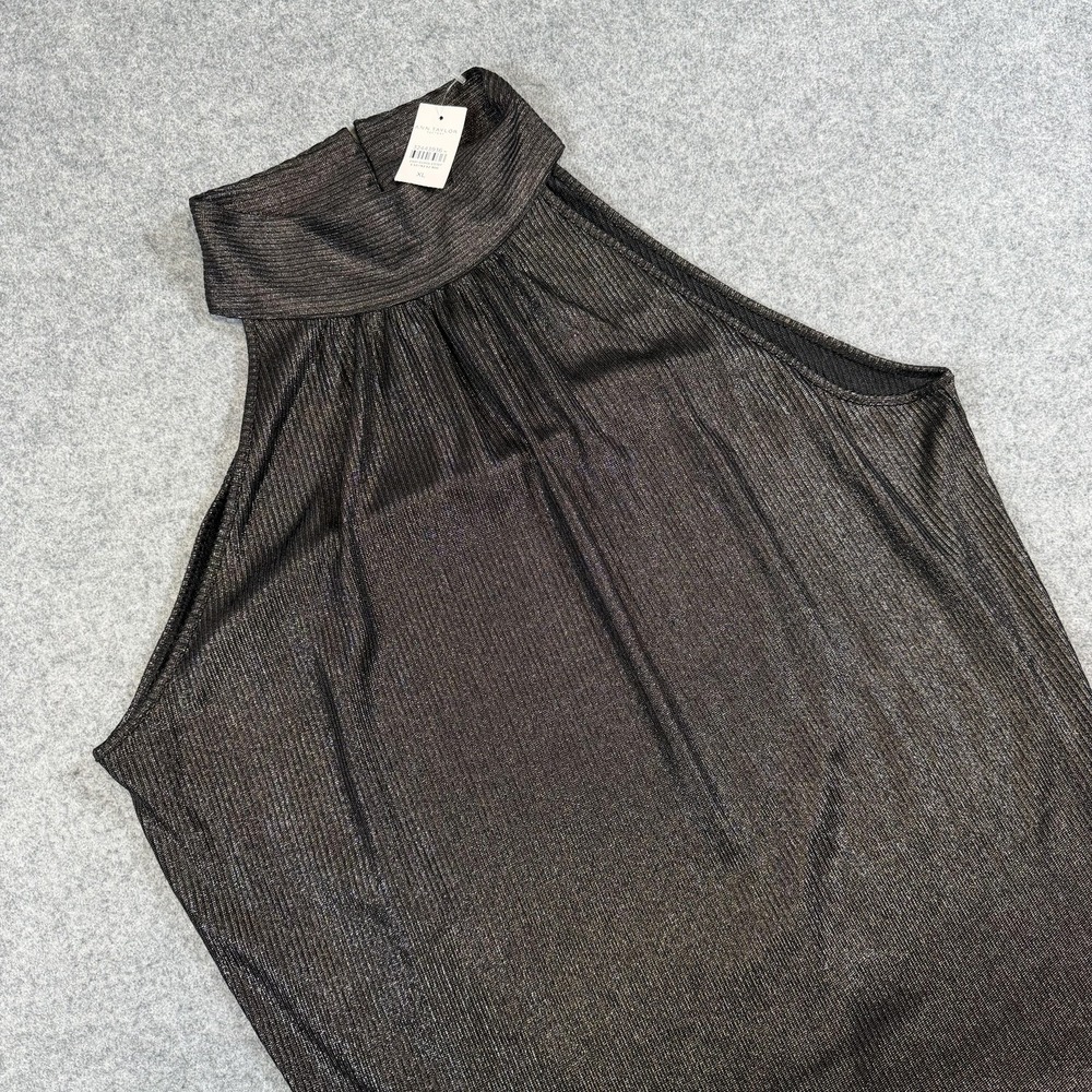 Ann Taylor Factory Tank Top Womens XL Black Metallic Mock Neck Keyhole Party NWT
